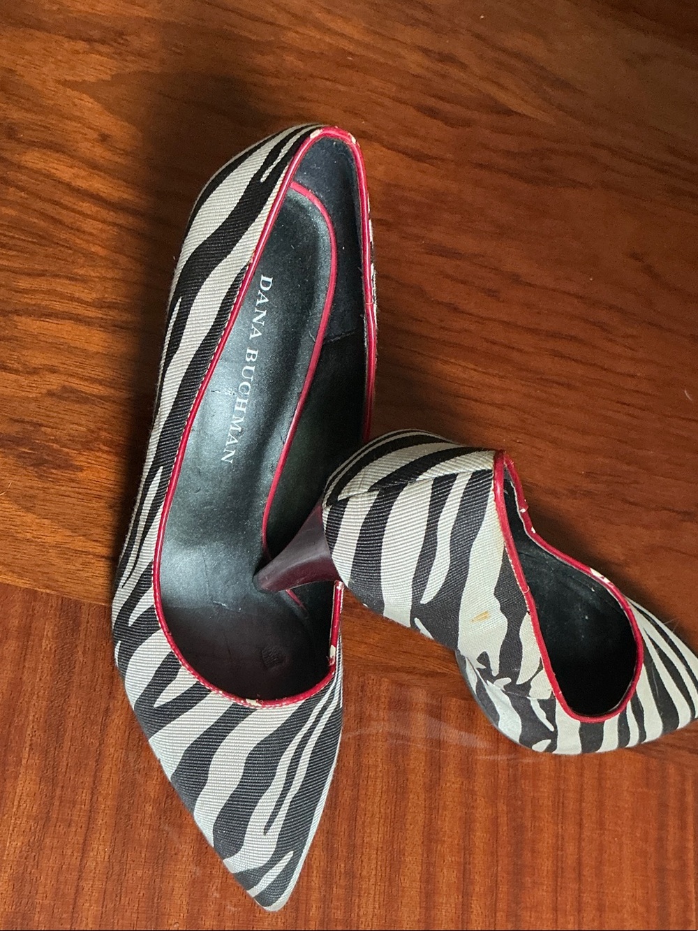 Dana Buchman Zebra Print Pointed Pumps with Red Trim